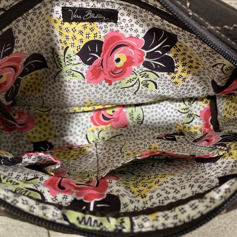 Vera Bradley All In One Brown Crossbody Diamond Quilted Purse Floral Detail In